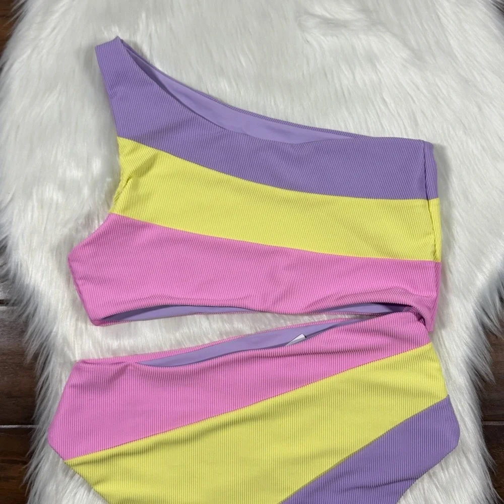 Beach Riot Womens Size Large Pink Yellow Purple Joyce Cut Out One Piece Swimsuit - Picture 9 of 11
